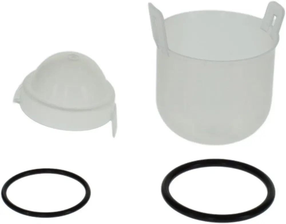 Transparente BOSCH Kappe mit passendem Behälter und zwei Dichtungsringen. Teile sind für eine Funktionseinheit konzipiert.